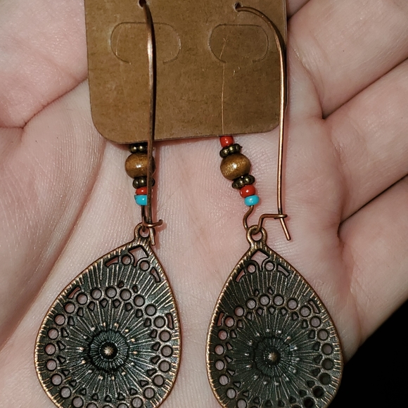 Copper tone bohemian dangle earrings - Picture 2 of 2